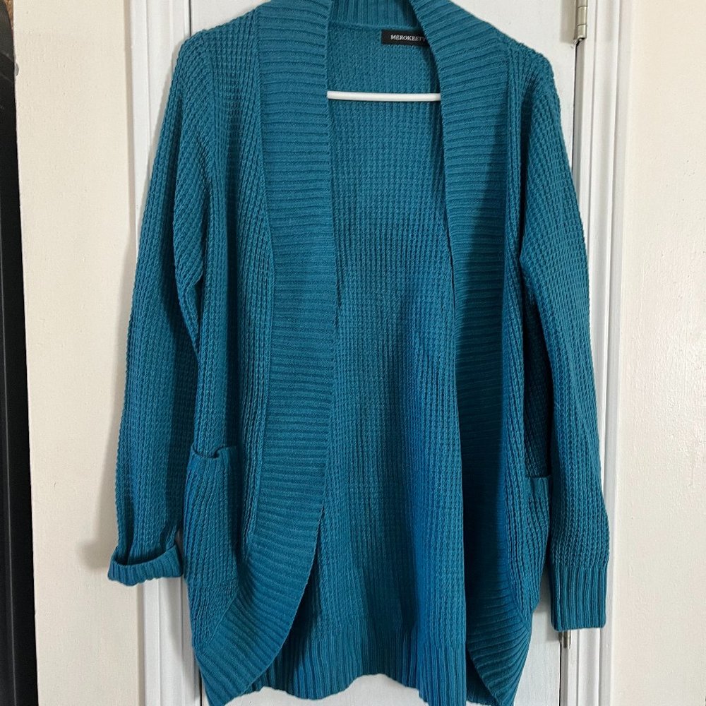 Merokeety Teal Waffle Knit Cardigan